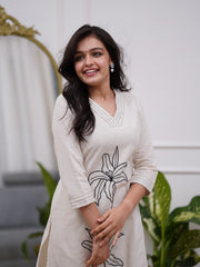 White Embroidered Cotton Flex Kurta and Pant Set