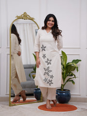 White Embroidered Cotton Flex Kurta and Pant Set