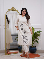 White Embroidered Cotton Flex Kurta and Pant Set