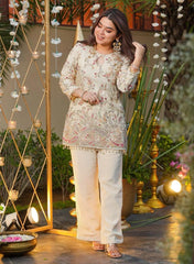 Cream Ethnic Motifs Embroidered Regular Thread Work Silk Crepe Kurti with Trousers