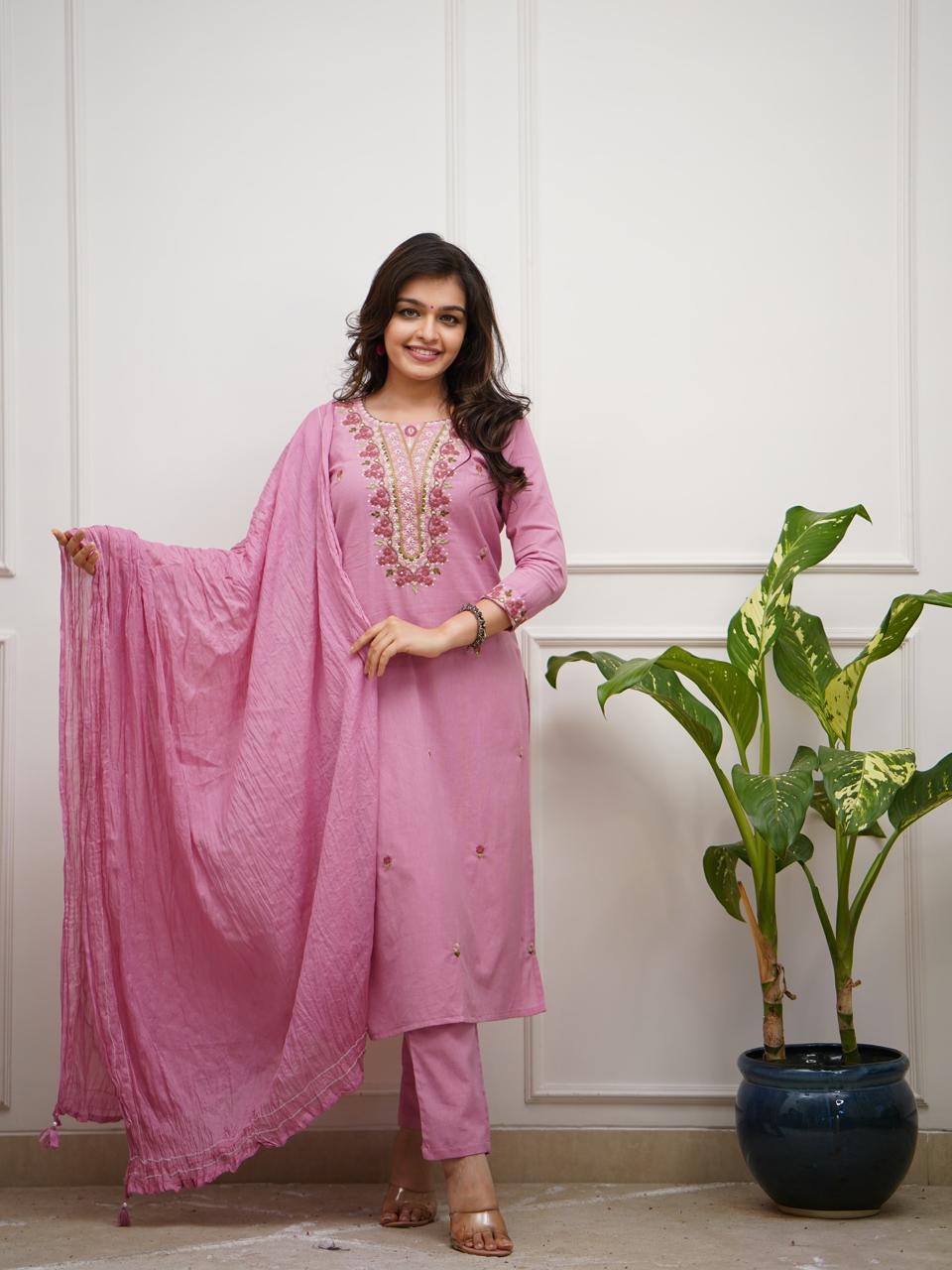 Pink Rose Embroidered Cotton Kurta and Pant Set with Dupatta