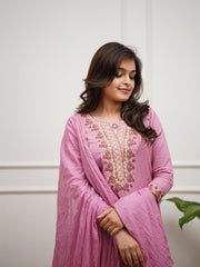Pink Rose Embroidered Cotton Kurta and Pant Set with Dupatta