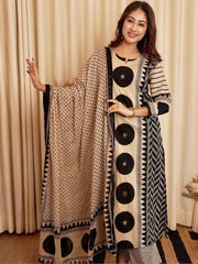 Beige Black Printed Cotton Kurta and Pant Set with Dupatta