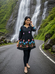 Black Embroidered Rado Cotton Short Kurti