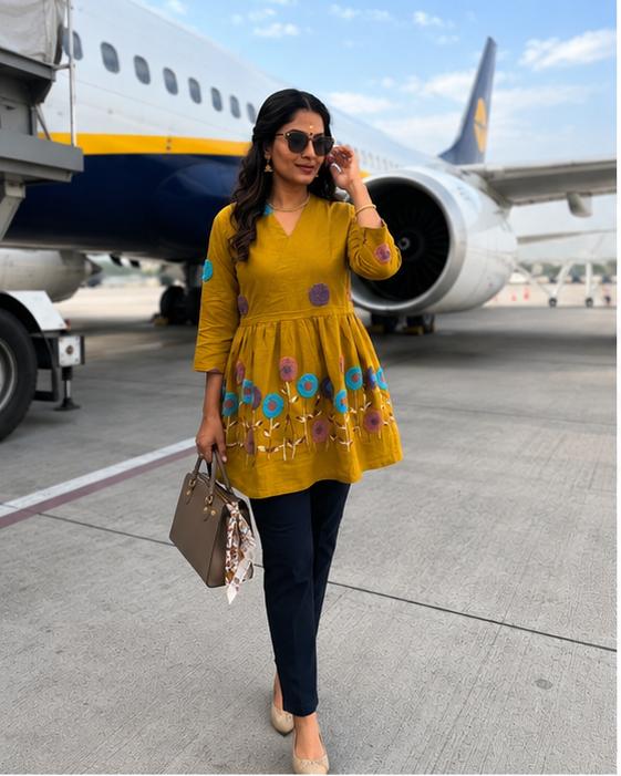 Mustard Yellow Embroidered Rado Cotton Short Kurti