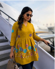 Mustard Yellow Embroidered Rado Cotton Short Kurti