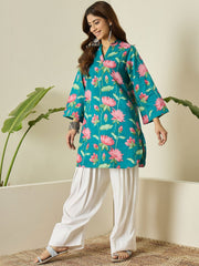 Teal Blue Printed Cotton Farshi Salwar Set