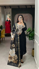 Black Embroidered Roman Silk Suit Set with Dupatta