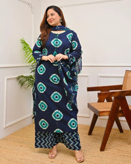 Blue Printed Handwork Cotton Kurta and Pant Set with Dupatta