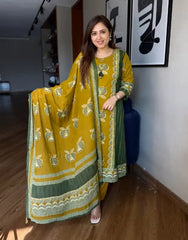 Brown Yellow Printed Handwork Kurta and Pant Set with Dupatta