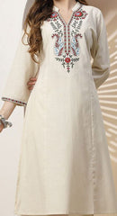 Off White Embroidered Cottn Flex Kurta and Pant Set