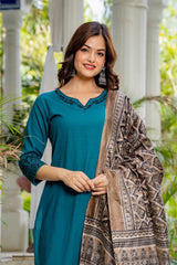 Teal Blue Embroidered Cotton Flex Kurta and Pant Set with Dupatta