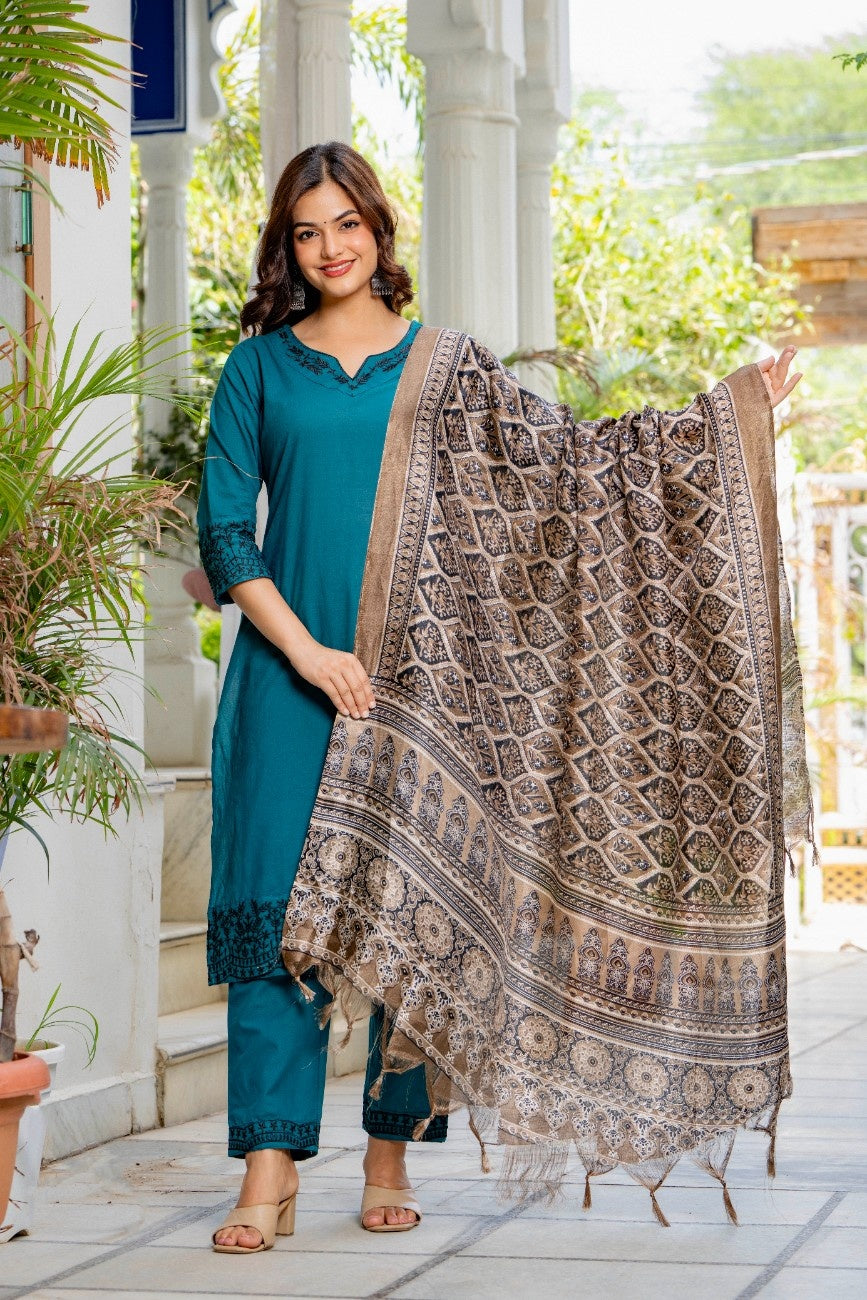 Teal Blue Embroidered Cotton Flex Kurta and Pant Set with Dupatta