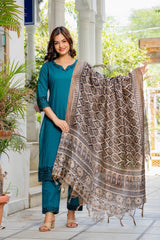 Teal Blue Embroidered Cotton Flex Kurta and Pant Set with Dupatta