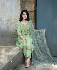 Light Green Embroidered Cotton Kurta and Pant Set with Dupatta