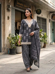 Grey Printed Cotton Farsi Salwar Suit Set with Dupatta