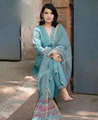 Slate Blue Embroidered Cotton Kurta and Pant Set with Dupatta