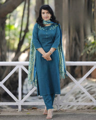Nile Blue Embroidered Cotton Kurta and Pant Set with Dupatta