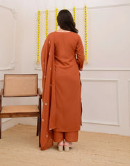 Rust Orange Embroidered Cotton Kurta and Pant Set with Dupatta