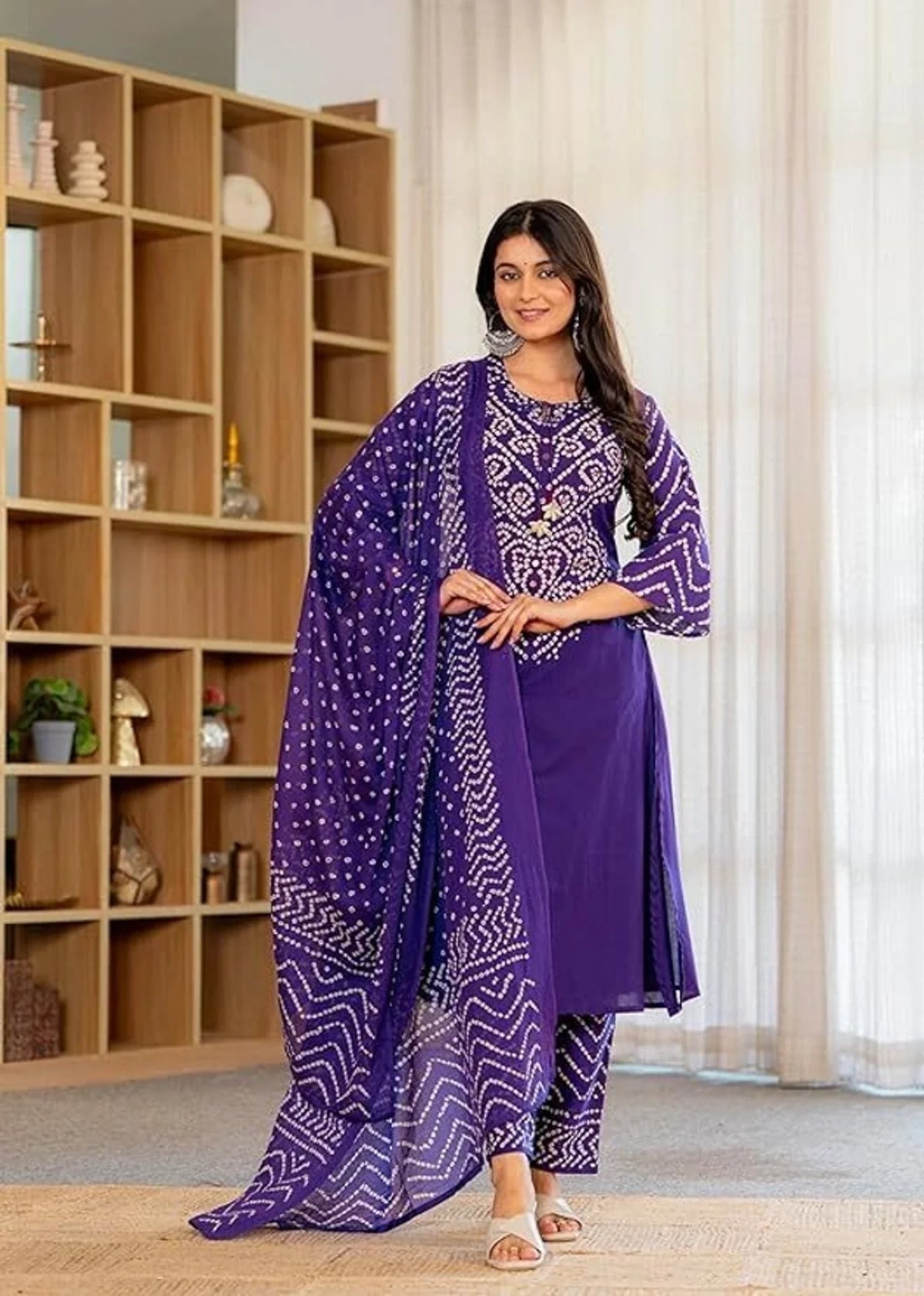 Purple Printed Cotton Kurta and Palazzo Set with Dupatta